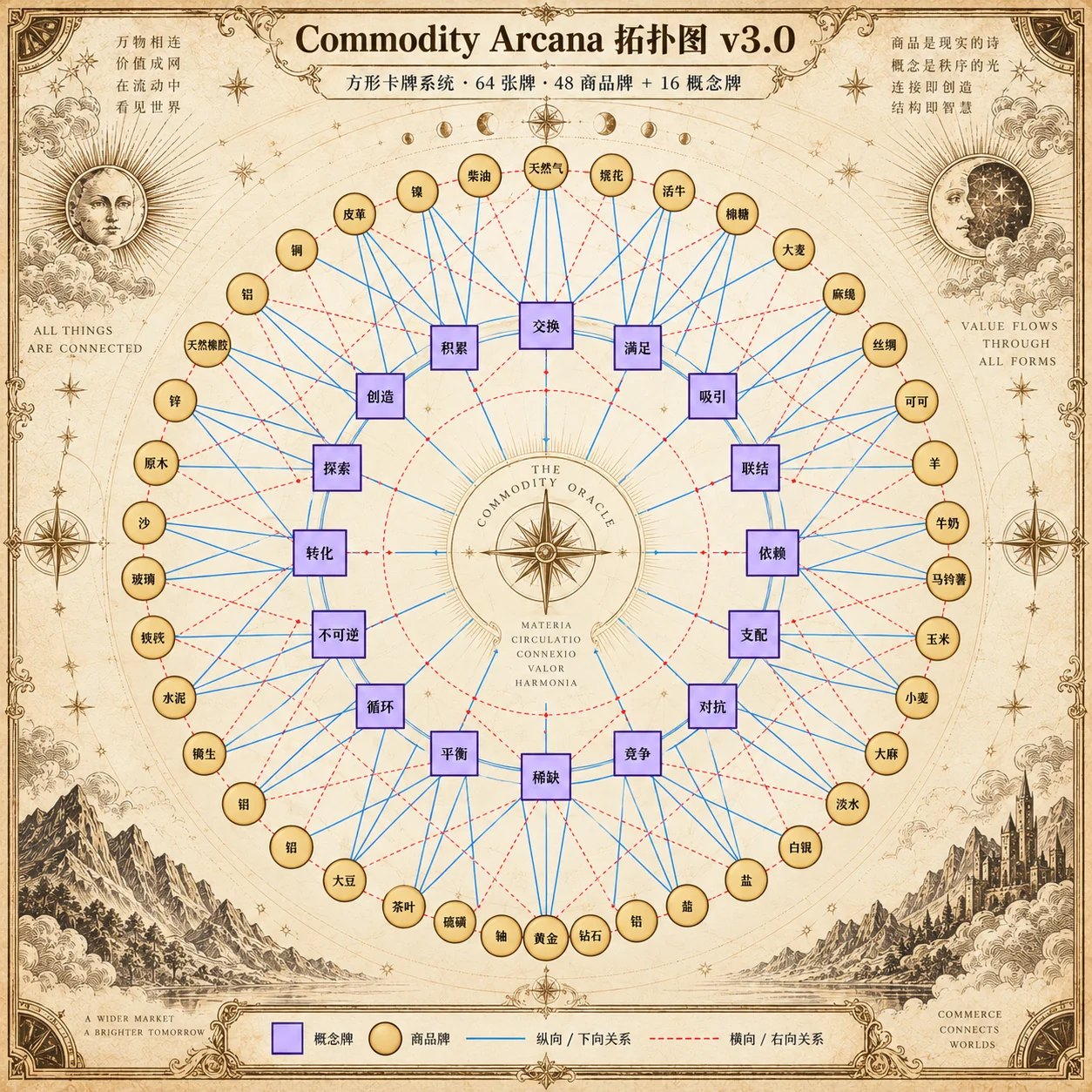 Commodity Arcana 拓扑图视觉参考:商品牌外环、概念牌内环与两类关系线